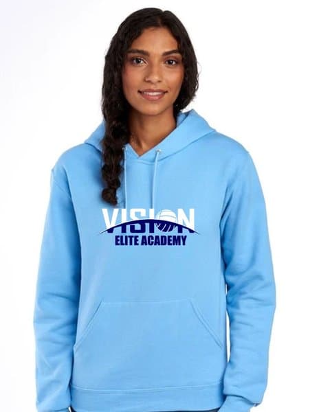 Light blue Vision Elite Academy volleyball hoodie with the VISION logo printed on the front