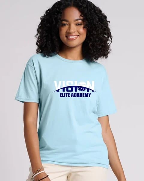Light blue Vision Elite Academy volleyball T-shirt with a front-print VISION logo
